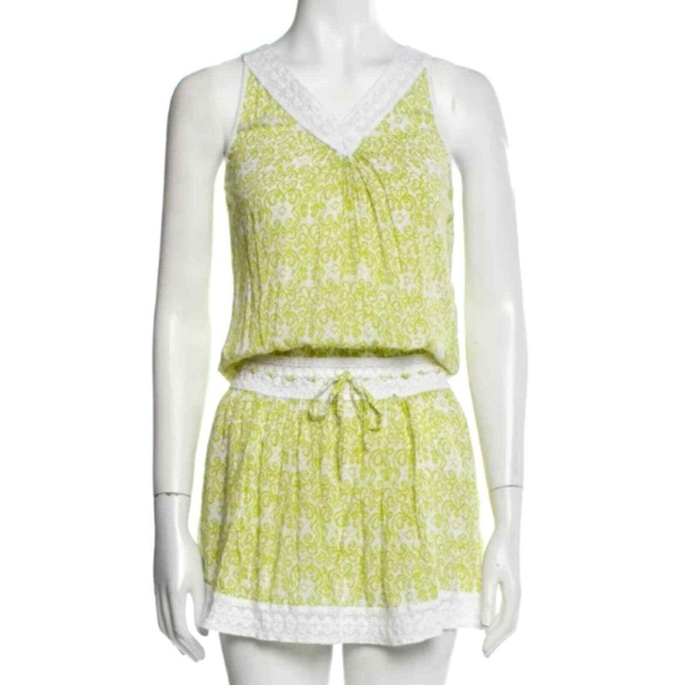 Poupette St. Barth Lime Green/White Crochet Front Tie Resort Mini Dress Sz. XS/S